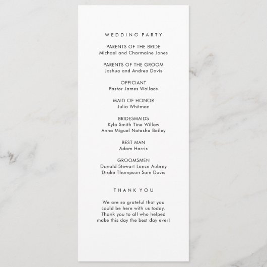 Programme de mariage simple (Dos)