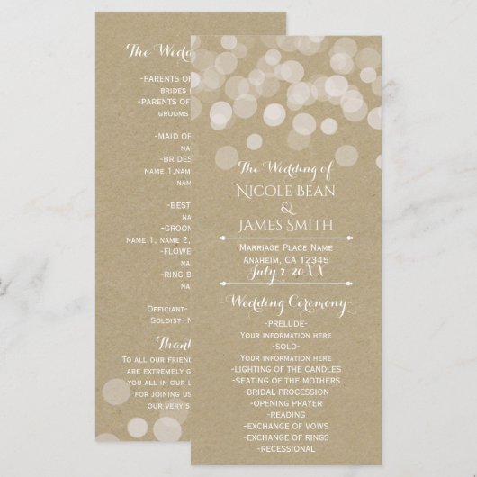 Programme de mariage simple à lumières rustiques e (Devant / Derrière)