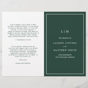 Programme de mariage simple à monogramme vert forê