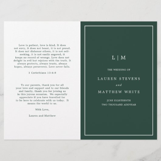 Programme de mariage simple à monogramme vert forê (Devant)