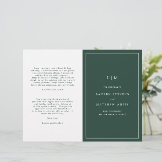 Programme de mariage simple à monogramme vert forê (Debout devant)
