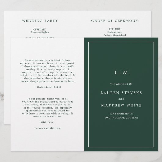 Programme de mariage simple à monogramme vert forê (Devant / Derrière)