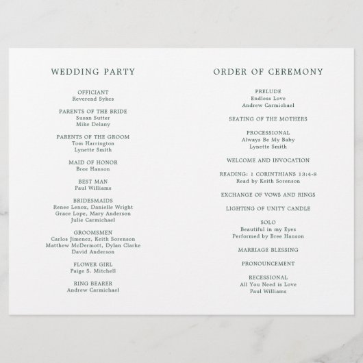 Programme de mariage simple à monogramme vert forê (Dos)