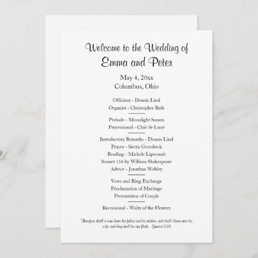 Programme de mariage simple à un côté par carte/té (Devant / Derrière)