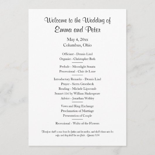 Programme de mariage simple à un côté par carte/té (Devant)