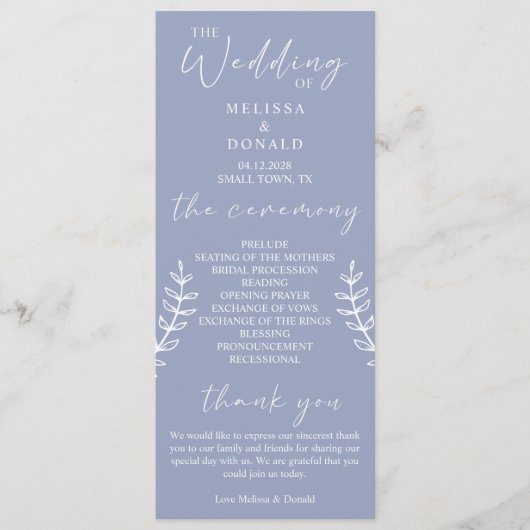 Programme de mariage simple avec fleurs de pervenc (Devant)