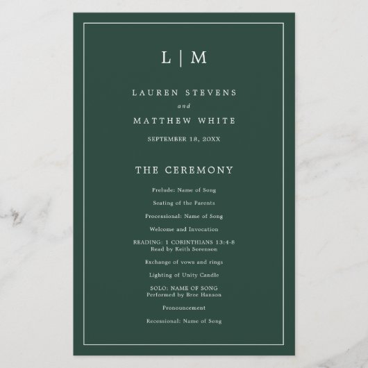 Programme de mariage simple avec monogramme vert f (Devant)