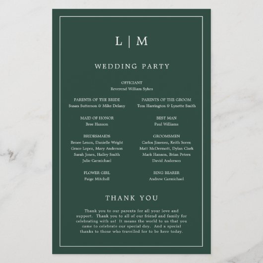 Programme de mariage simple avec monogramme vert f (Dos)
