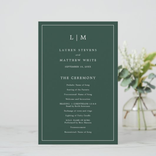 Programme de mariage simple avec monogramme vert f (Debout devant)