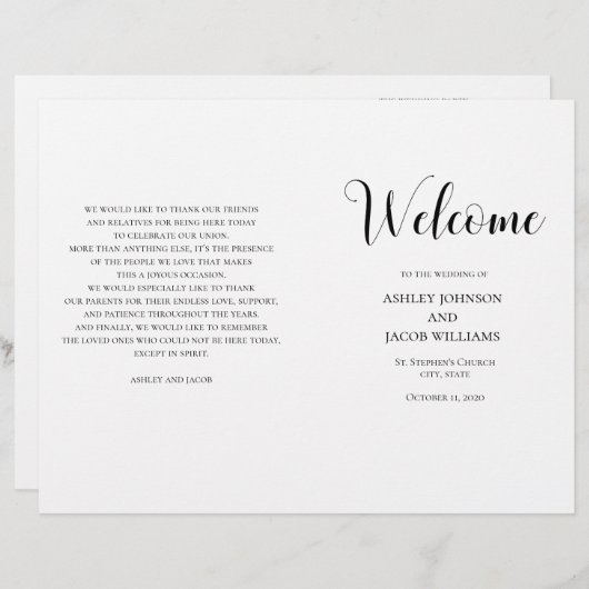 Programme de mariage simple en noir et blanc plié (Devant / Derrière)
