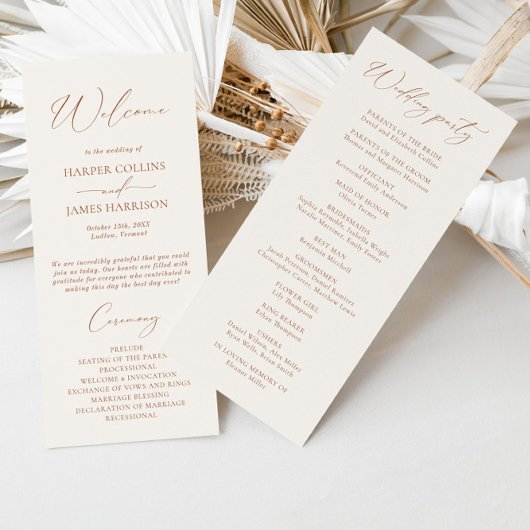 Programme de mariage simple en terre cuite Boho