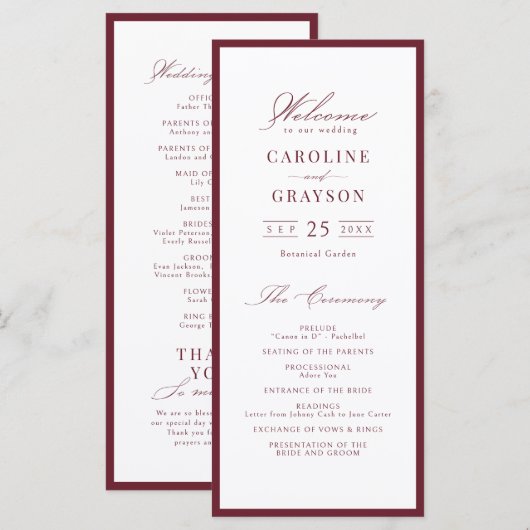 Programme de mariage simple et élégant en burgundy (Devant / Derrière)