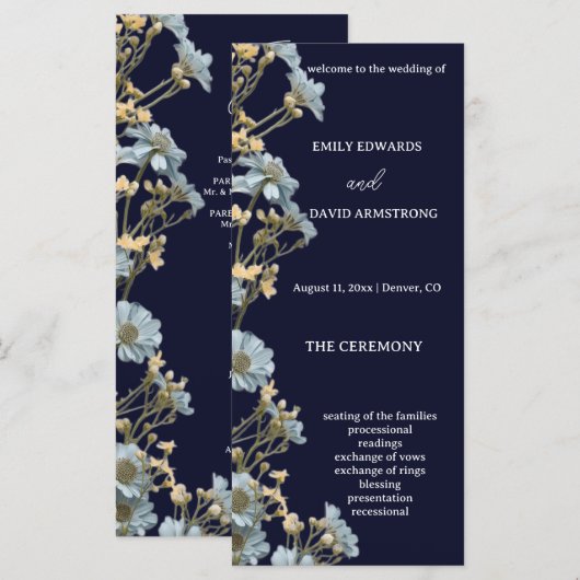 Programme de mariage simple floral moderne Navy (Devant / Derrière)