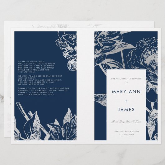 Programme de mariage Simple Floral Silver Navy Ble (Devant / Derrière)