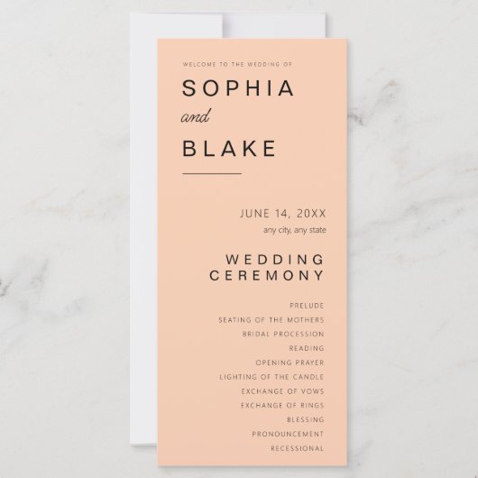 Programme de mariage simple minimaliste abricot (Devant)