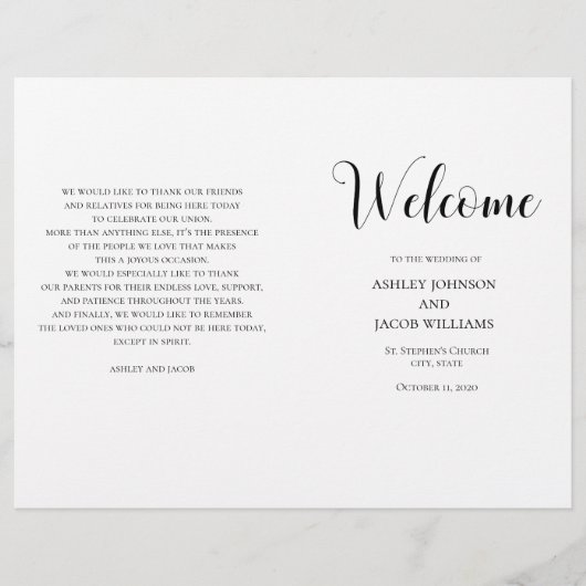 Programme de mariage simple noir et blanc plié (Devant)