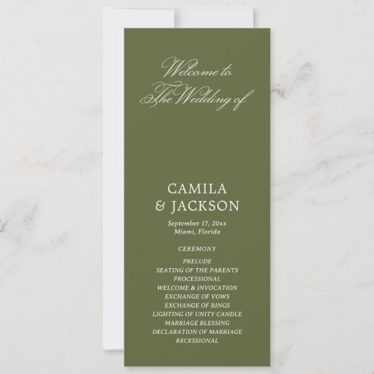 Programme de mariage simple vert olive plat (Devant)