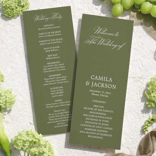 Programme de mariage simple vert olive plat