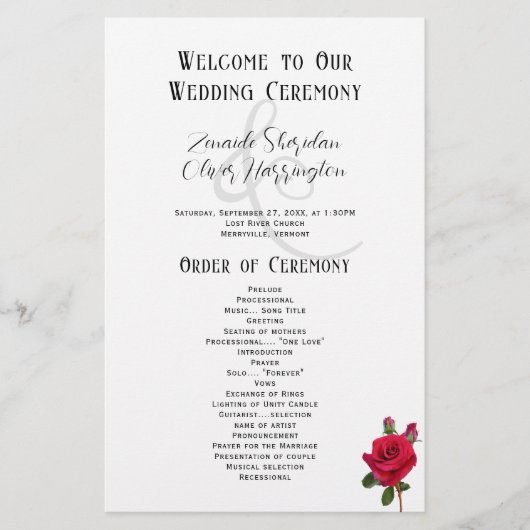 Programme de mariage sur feuille plate Red Roses (Devant)