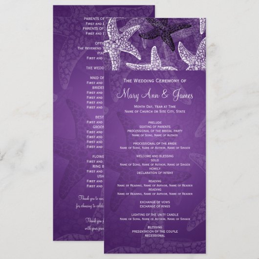 Programme de mariage sur la plage Starfish Purple (Devant / Derrière)