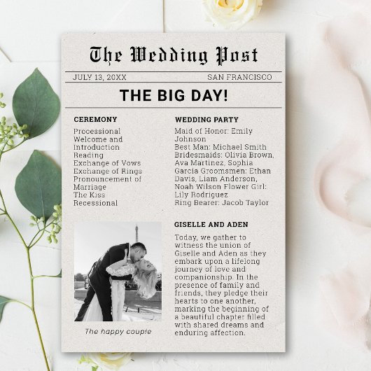 Programme de mariage sur papier journal nostalgiqu