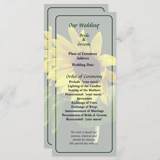 Programme de mariage tournesol regardant vers le b (Devant / Derrière)