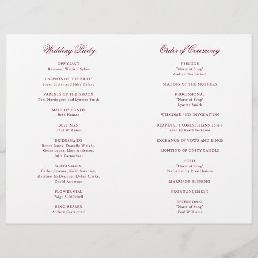 Programme de mariage traditionnel en Bourgogne (Dos)