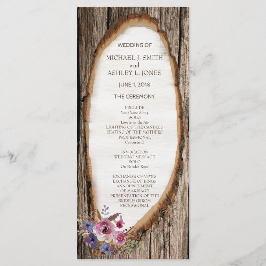 Programme de mariage Tranche d'arbre avec fleurs (Devant)