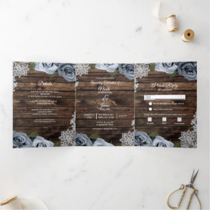 Programme de mariage trifold en bois rustique bleu