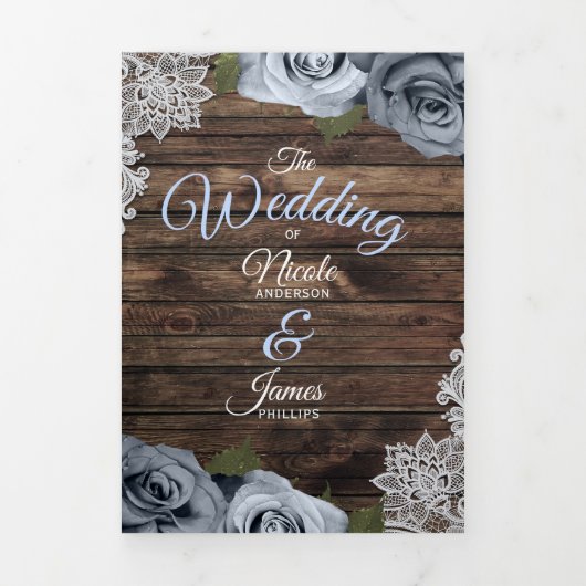 Programme de mariage trifold en bois rustique bleu (Page de couverture)