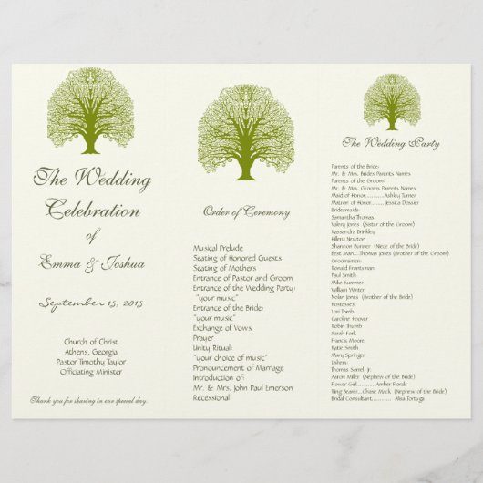 Programme de mariage TriFold Swirl Olive (Devant)