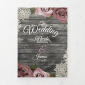 Programme de mariage trifolié en bois gris rose po (Page de couverture)