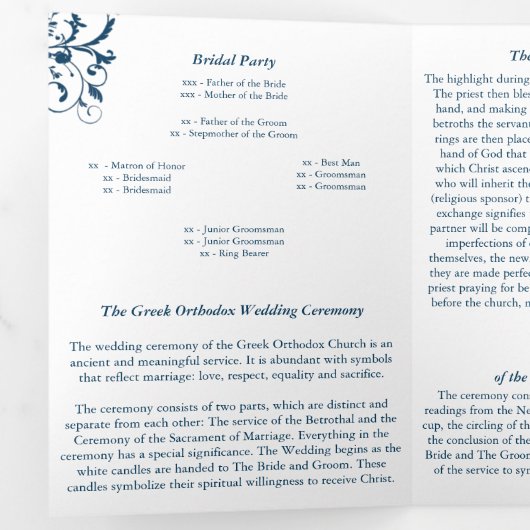Programme de mariage trifolié orthodoxe grec (Intérieur en premier)