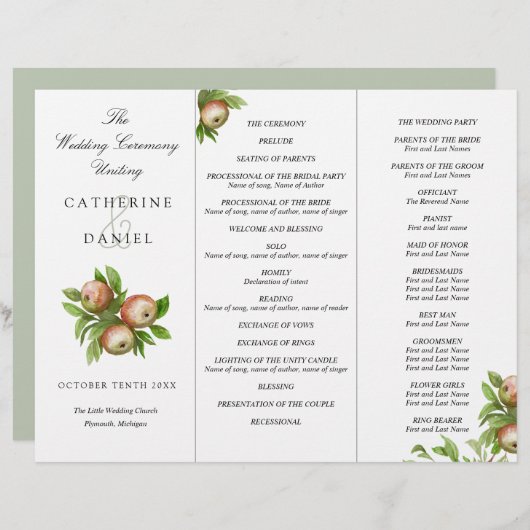 programme de mariage triplé de pommes aquarelles (Devant / Derrière)