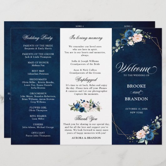 Programme de mariage triplé Rose bleu de la Marine (Devant / Derrière)