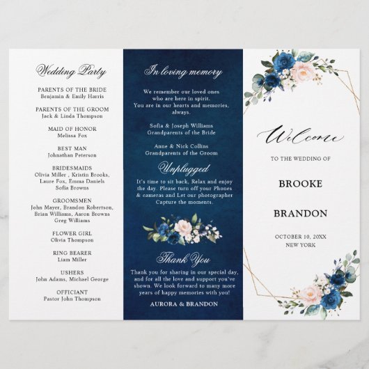 Programme de mariage triplé Rose bleu de la Marine (Devant)