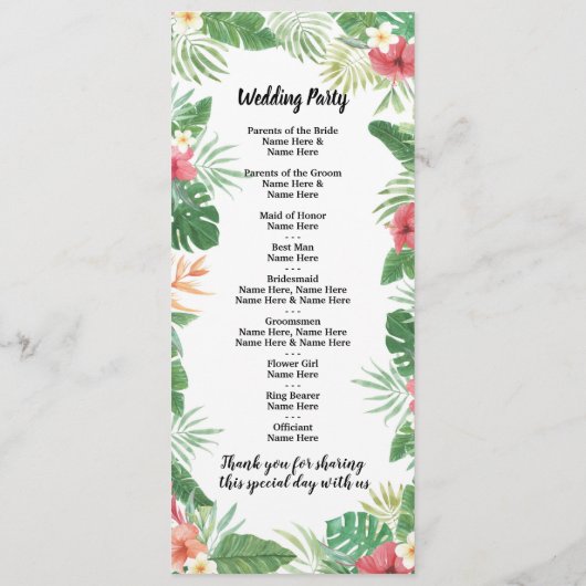 Programme de mariage Tropical Aloha Fleurs Palmier (Dos)