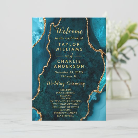 Programme de mariage Turquoise, Bleu et Agate doré (Debout devant)