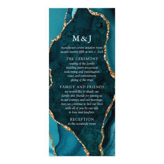 Programme de mariage turquoise, marbre et or d'âge (Devant)