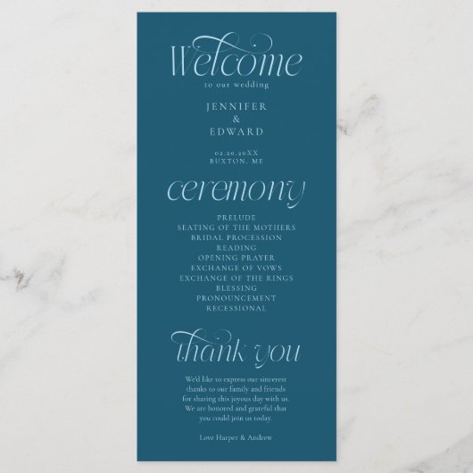 Programme de mariage typographie moderne sarcelle (Devant)
