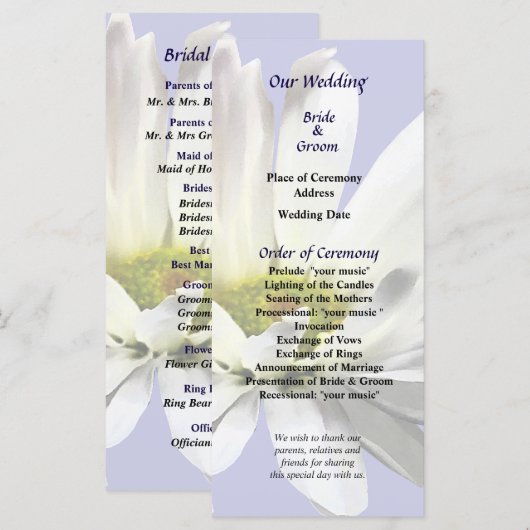 Programme de mariage unique en blanc (Devant / Derrière)
