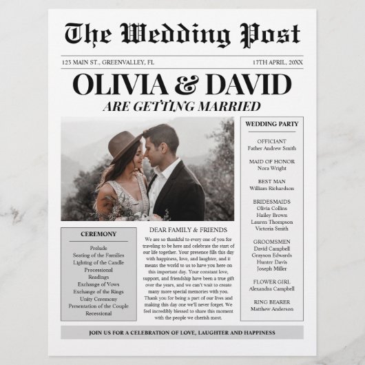 Programme de mariage unique pour les journaux (Devant)