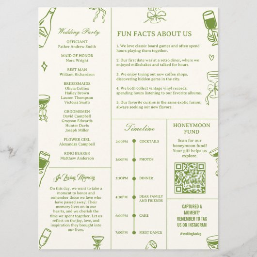 Programme de mariage vert à dessin à main levée (Dos)