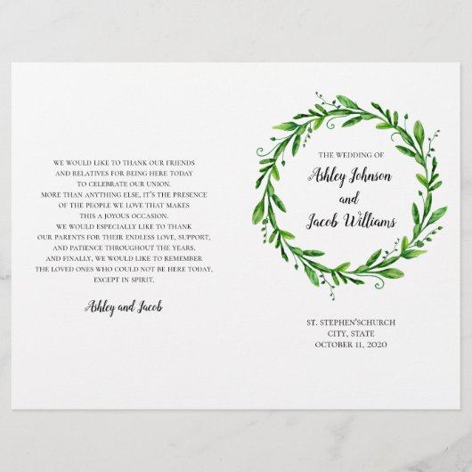 Programme de mariage vert. Cérémonie d'été (Devant)