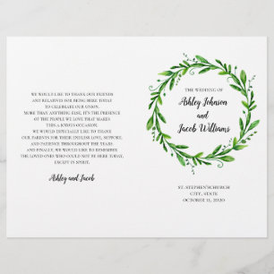 Programme de mariage vert. Cérémonie d'été à l'égl