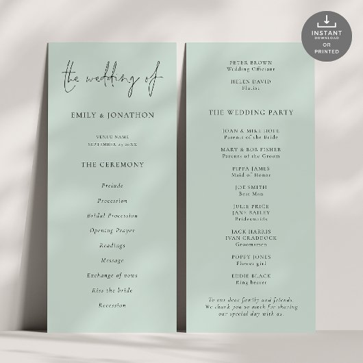 Programme de mariage vert de la menthe de script m
