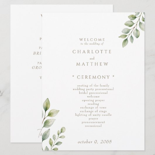 Programme de mariage vert et blanc (Devant / Derrière)