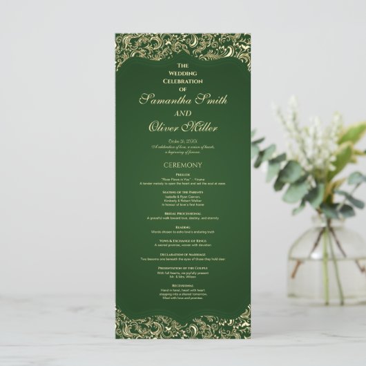 Programme De Mariage Vert Et Or Décoratif (Debout devant)