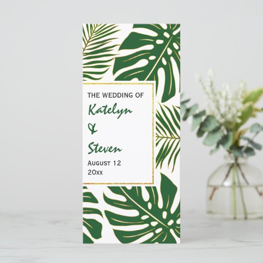 Programme de mariage vert et or feuille tropicaux (Debout devant)
