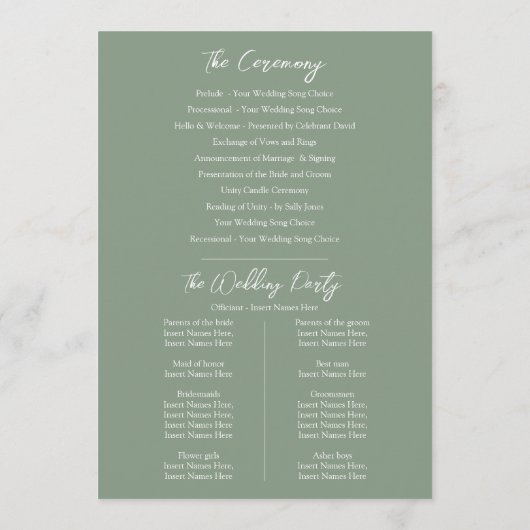 Programme de mariage vert fleur sauvage aquarelle (Dos)